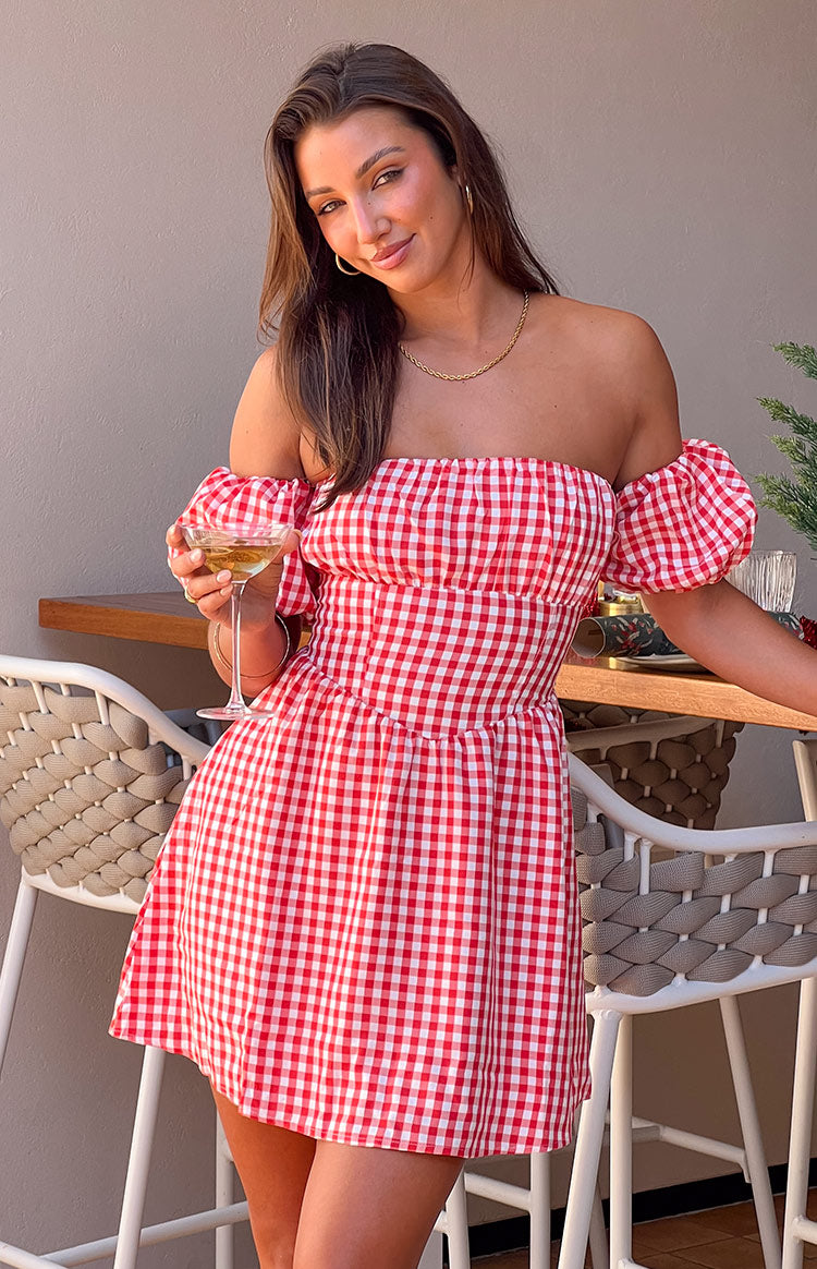 BB Exclusive Love Lost Off The Shoulder Red Gingham Mini Dress