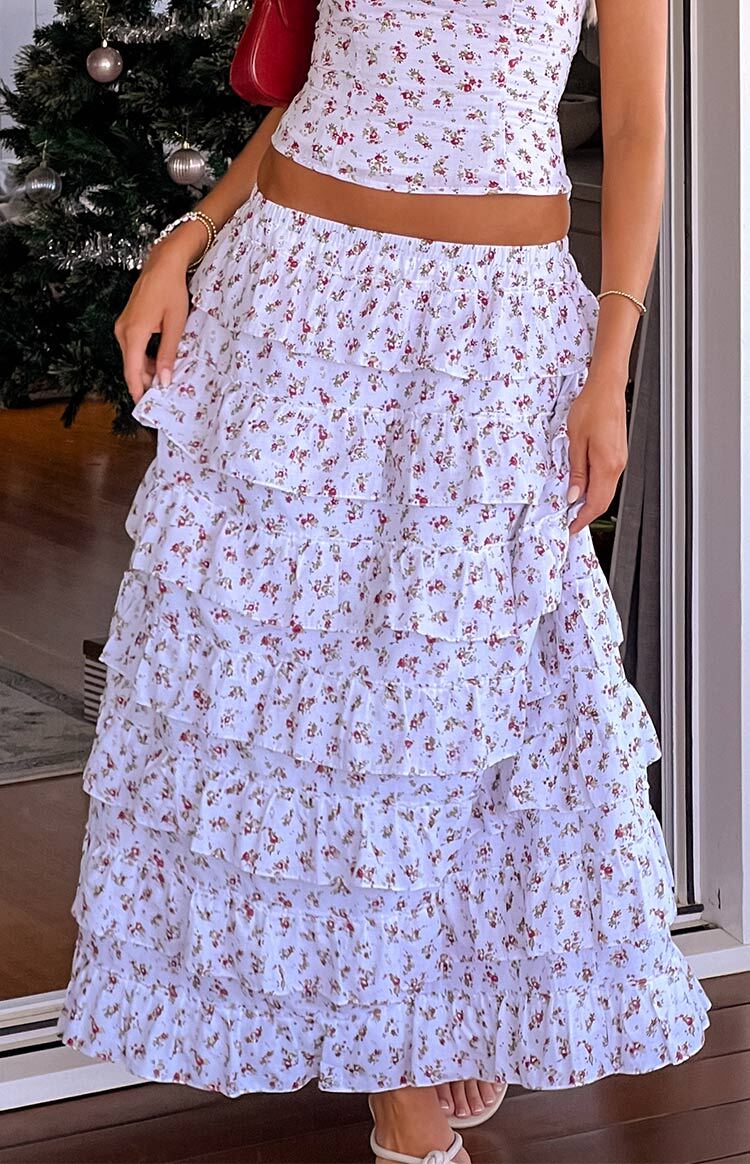 BB Exclusive Paisley White Floral Ruffle Maxi Skirt