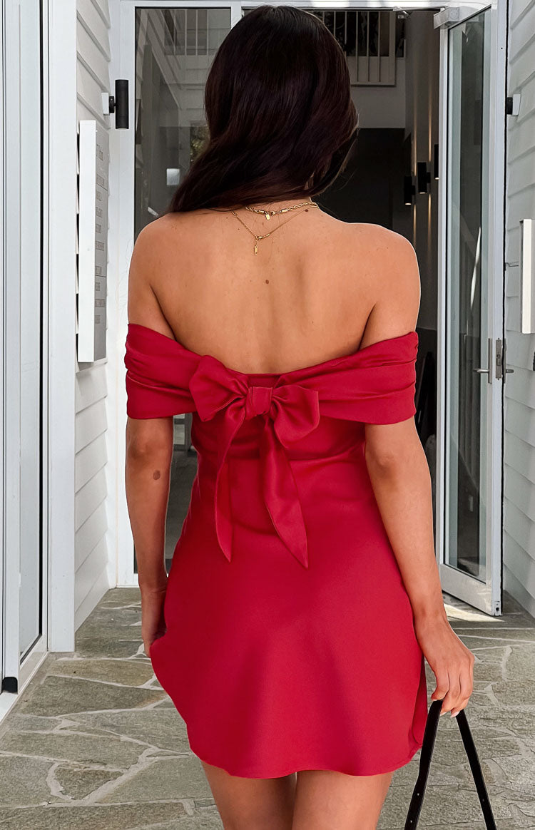 Primrose Red Satin Off the Shoulder Mini Dress Image