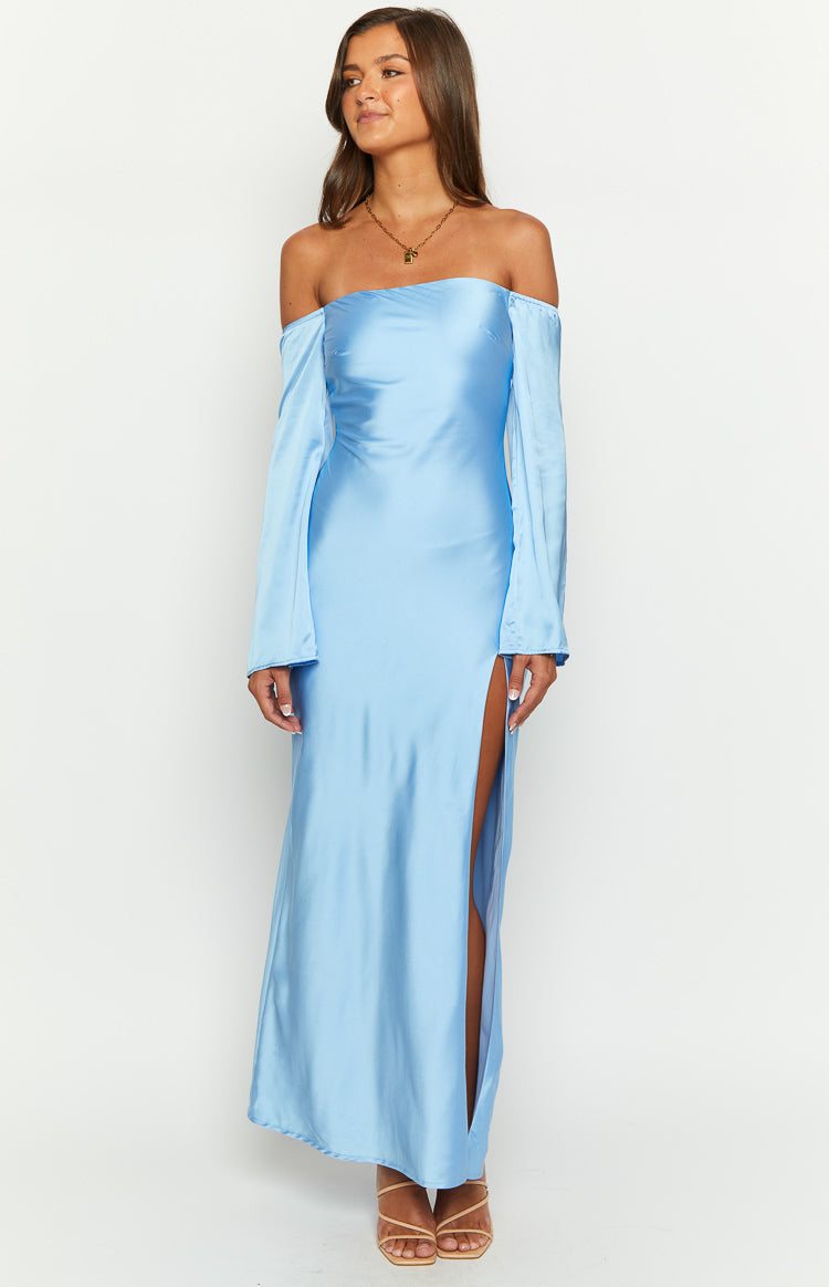 Shae Blue Satin Long Sleeve Maxi Dress Beginning Boutique US