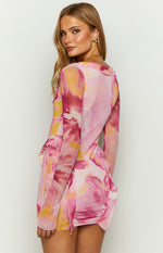 Floral Mesh Print Long Sleeve Mini Dress - Pinktini
