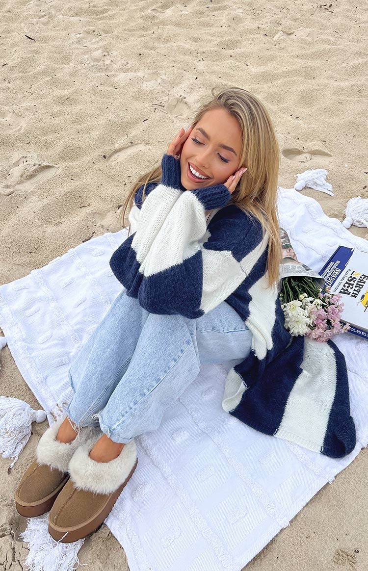 Thaddeus Blue And White Striped Knit Cardigan Image