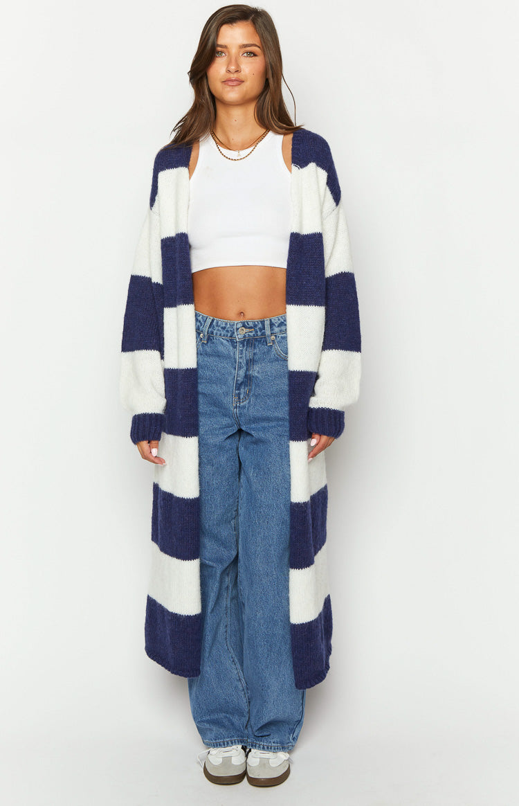 Thaddeus Blue And White Striped Knit Cardigan Image