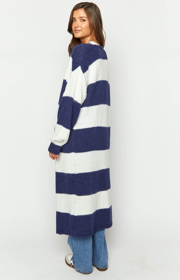 Thaddeus Blue and White Striped Knit Cardigan Shop Cardigans by Beginning Boutique