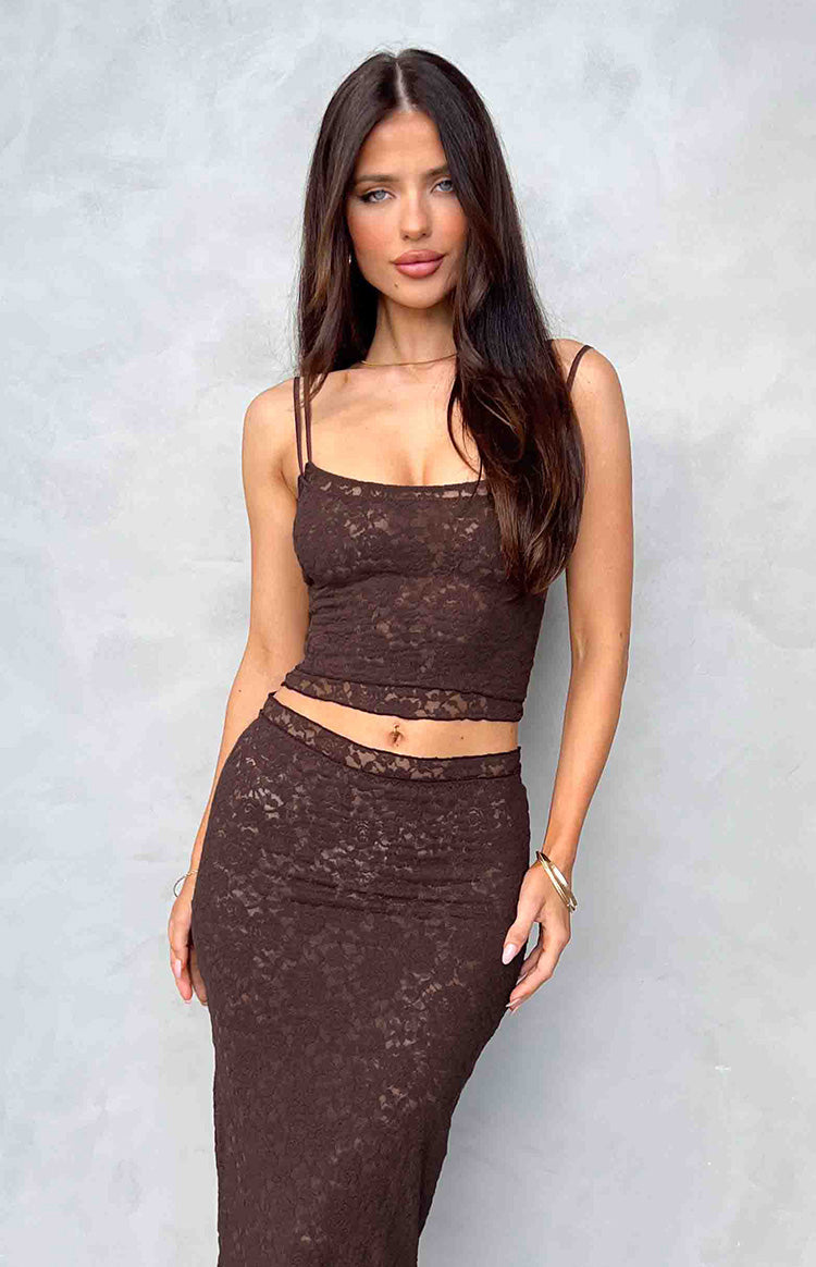 Willow Brown Lace Tank Top Image