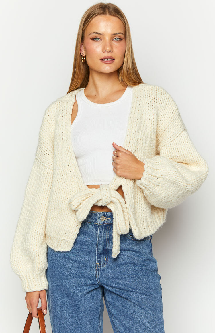 Holiday Cream Tie Up Knit Cardigan Image