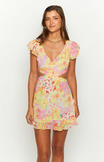 Motif Yellow Floral Print Mini Dress Image