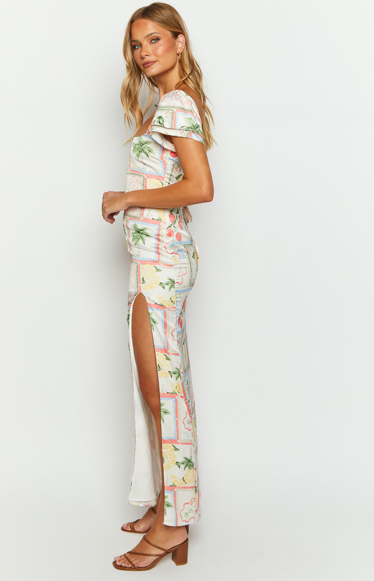 Nori White Satin Roma Print Maxi Dress Image