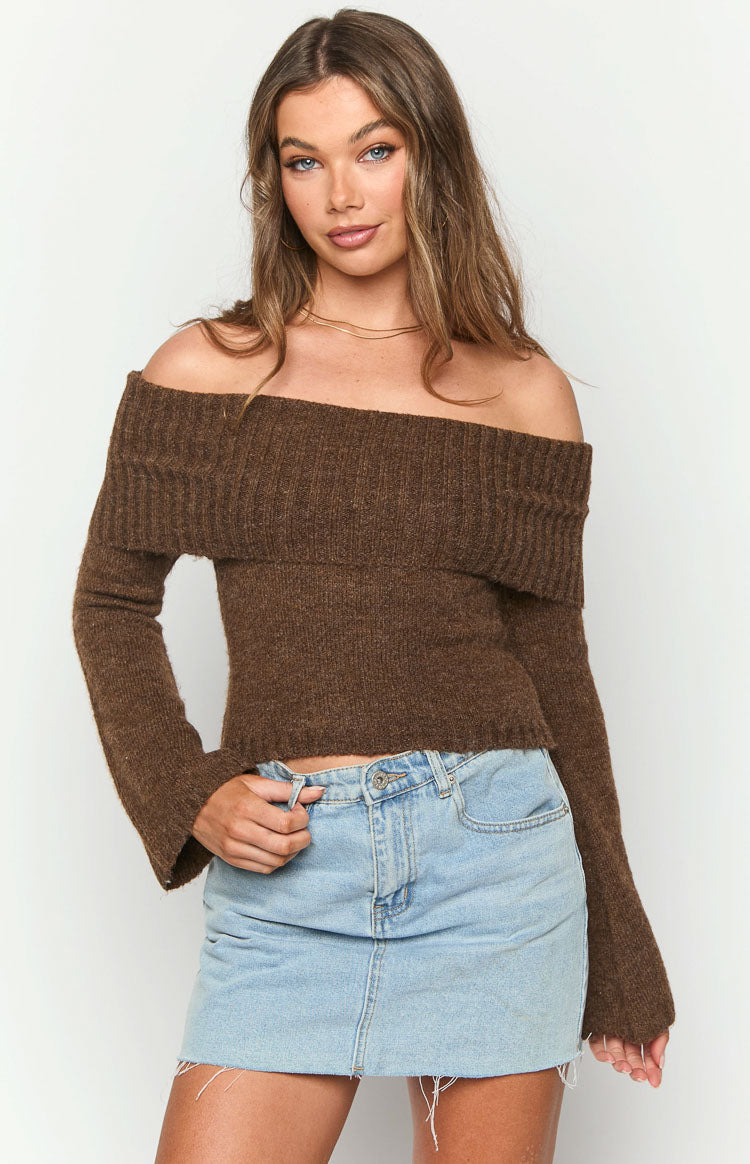 Joey Brown Off Shoulder Sweater Shop Jumpers by Beginning Boutique