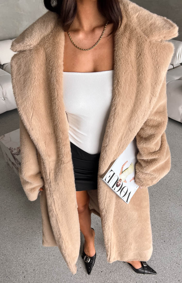 Lyrae Brown Full Length Faux Fur Coat Image