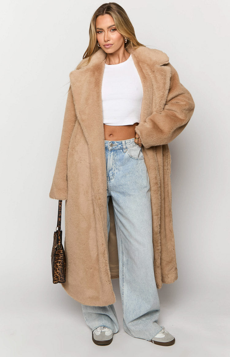 Lyrae Brown Full Length Faux Fur Coat Image