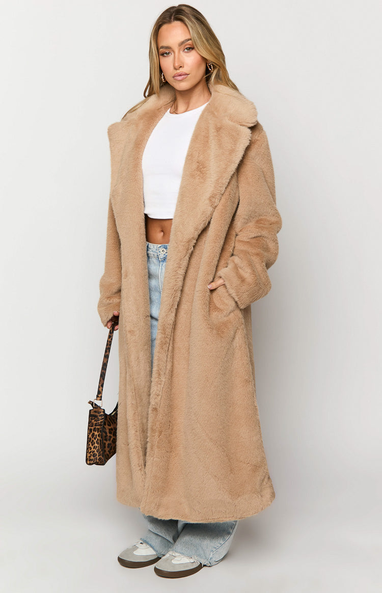 Lyrae Brown Full Length Faux Fur Coat Beginning Boutique US