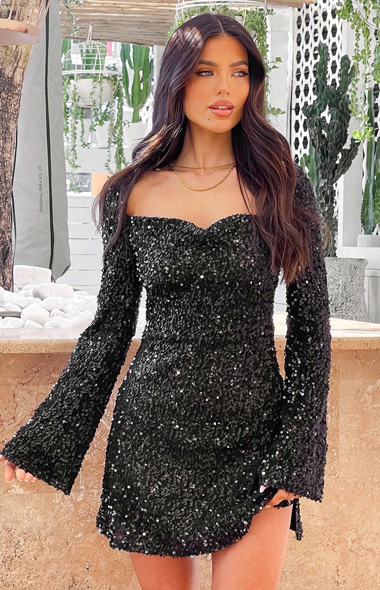 Marienne Black Sequin Long Sleeve Mini Dress Beginning Boutique US