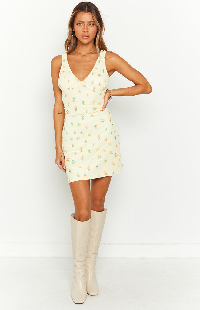 Laurie Yellow Floral Mesh Mini Dress – Beginning Boutique US