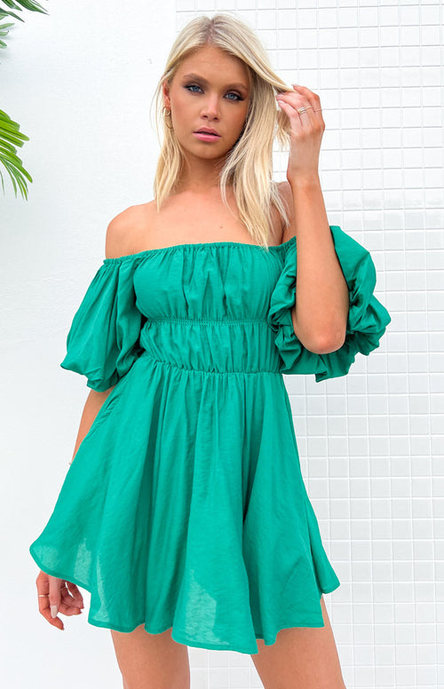 Paradise Puff Sleeve Dress Green – Beginning Boutique US