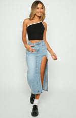 Jas Mid Wash Mid Waist Denim Midi Skirt – Beginning Boutique US