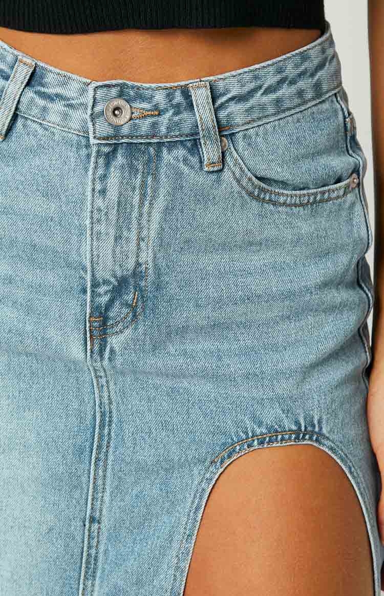 Aysha Cutout Blue Denim Midi Skirt – Beginning Boutique US
